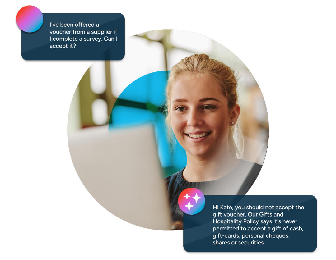 AI-powered learning assistant guiding employee on company gift policy - example of  AI coaching in workplace learning developed in Acteon's platform Breeio.