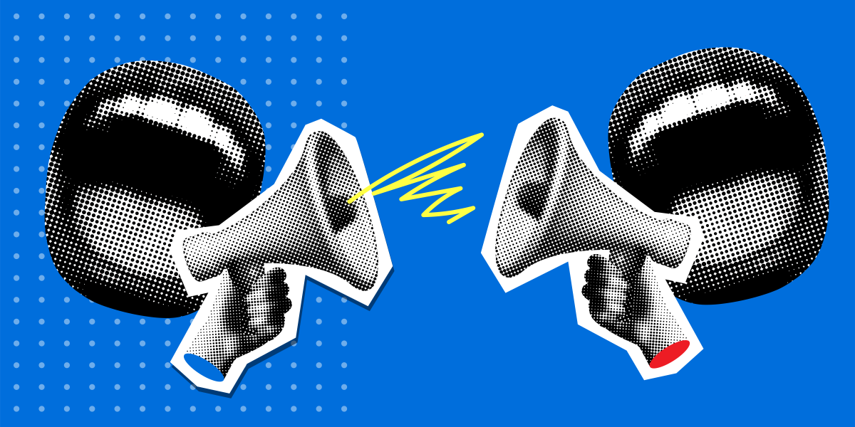 Two mouths shouting through bullhorns to communication