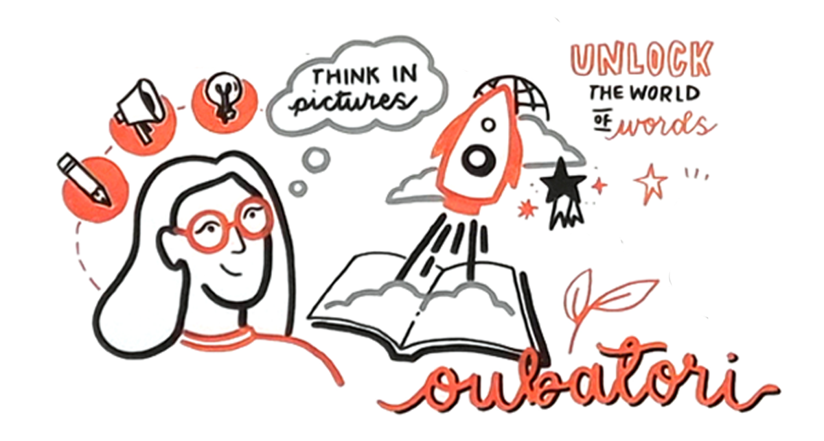 Thinking in pictures: girl with pictures around her head