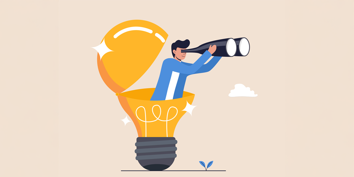 Illustration of a person in a lightbulb with binoculars - symbolising how L&D teams can use GenAI for research and strategic decision-making in workplace learning
