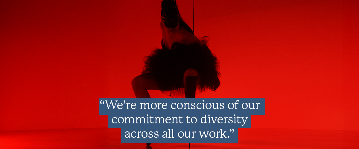 Red image with woman behind quote from work with Channel 4: "We're more conscious of our commitment to diversity across all our work."